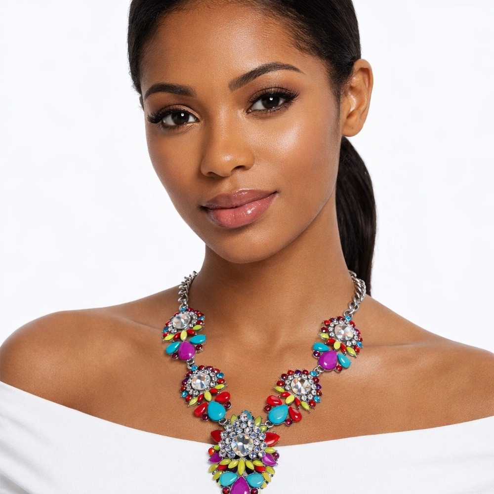 Multicolor Rhinestone Bib Necklace Silver Tone Floral Cluster Bold 103-40